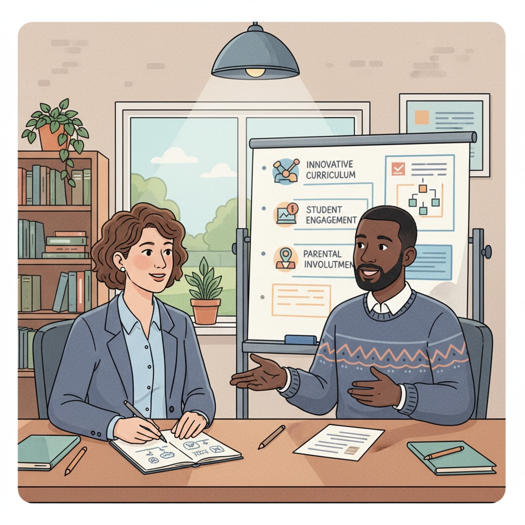 A principal and a teaching assistant are having a conversation in an office, with the principal taking notes and the teaching assistant presenting their ideas. Principal and teaching assistant discussing for MAT program recommendation