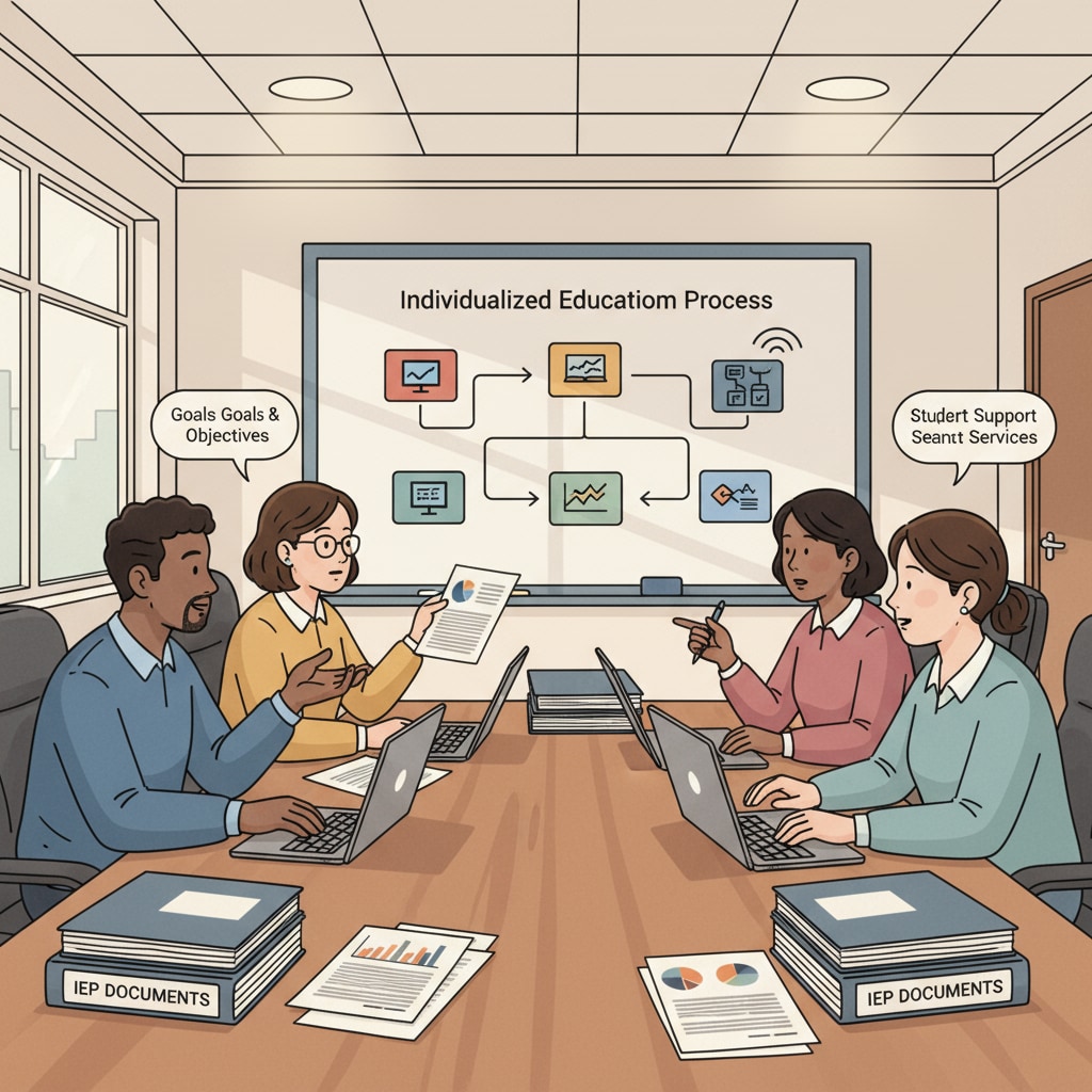 A group of special educators are engaged in a discussion about IEP documents in a meeting room, with papers and laptops in front of them. Special educators discussing IEP documents to overcome comprehension difficulties in special education.
