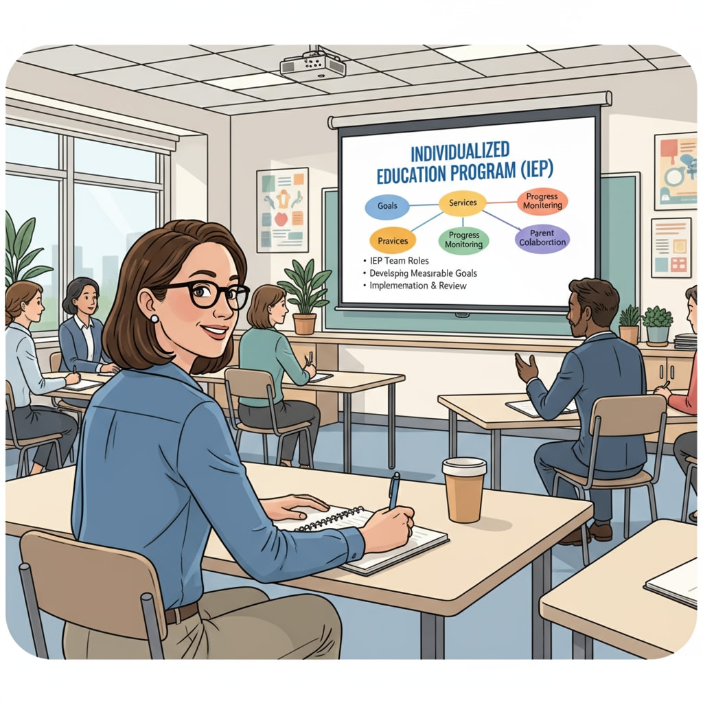 A special educator is attentively listening and taking notes during an IEP training session, with a projector screen showing relevant materials. Special educator attending an IEP training session to address comprehension difficulties in special education.