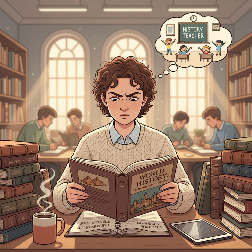 A student is browsing through a collection of history books in a university library, showing their dedication to learning history for a future teaching career. Student studying history books in a university library relevant to teacher career, university application, and education major