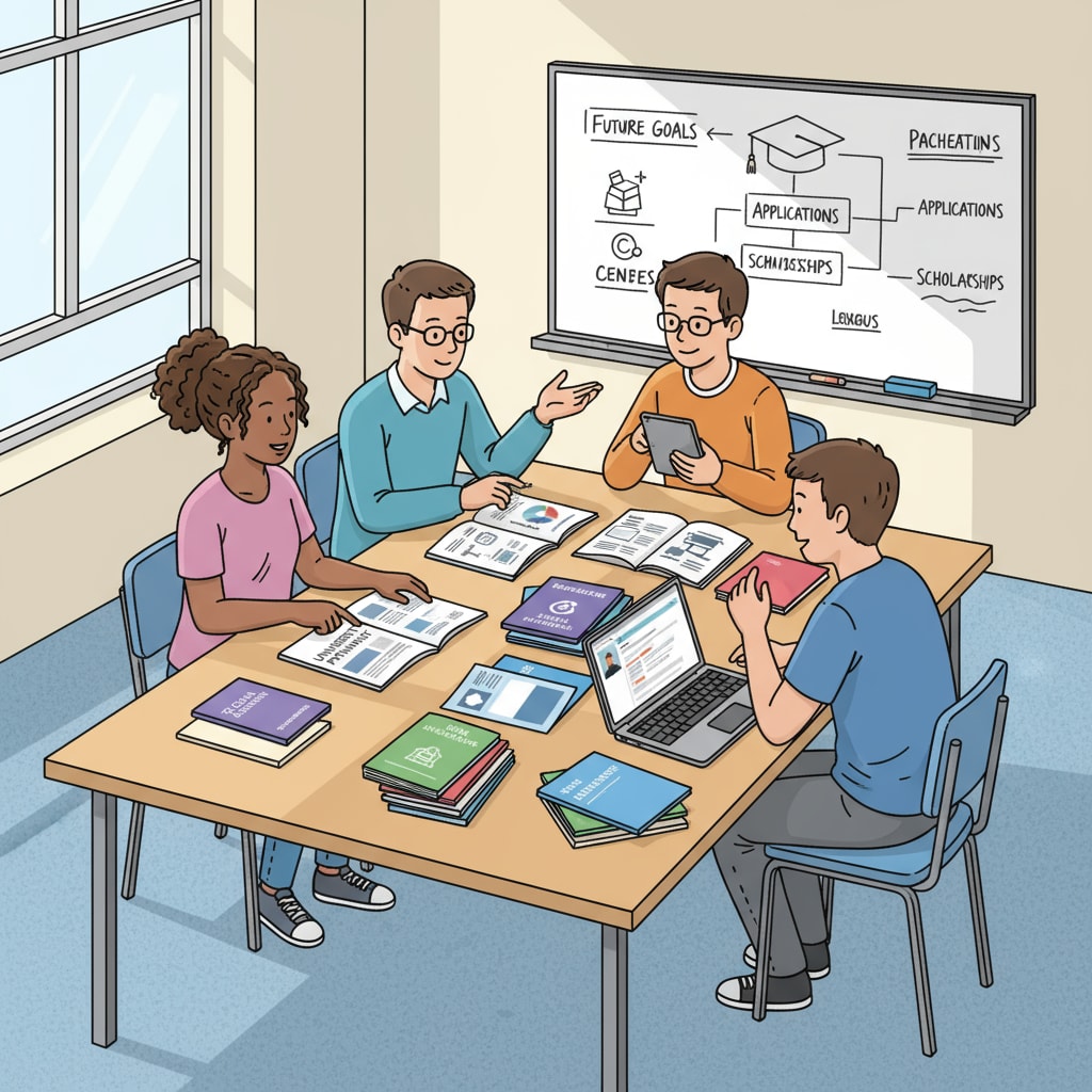 A group of high school students are gathered around a table, discussing and looking at materials related to university and career options. High school students discussing university and career options as part of university education, major selection, academic success, and career planning