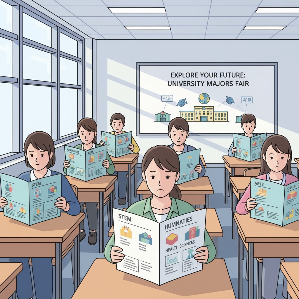 Students are sitting at desks, looking through brochures that showcase different majors available in universities. Students exploring major options for university education, which is related to academic success and career planning