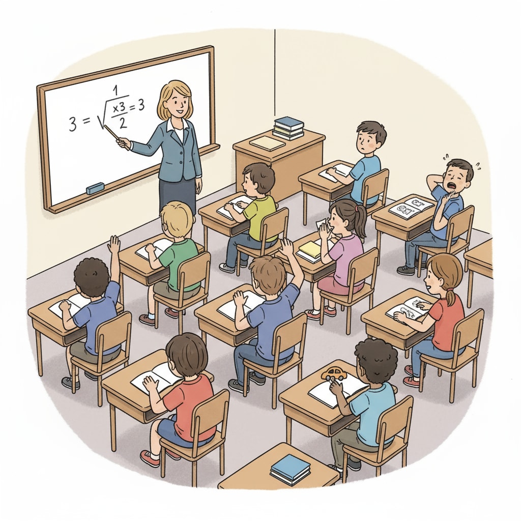 A regular classroom scene where students are sitting at their desks. Some students are looking at the teacher, while a few seem distracted, indicating possible disruptions caused by behavioral issues. A regular classroom with students affected by behavioral issues and its impact on learning opportunities