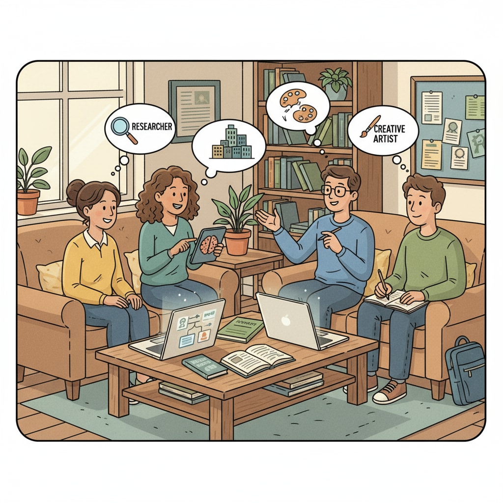A group of college students are engaged in a lively discussion about their career options in a comfortable campus lounge. There are books and laptops on the table, indicating their research and exploration. College students discussing dream careers, employment concerns, and career planning in a campus lounge