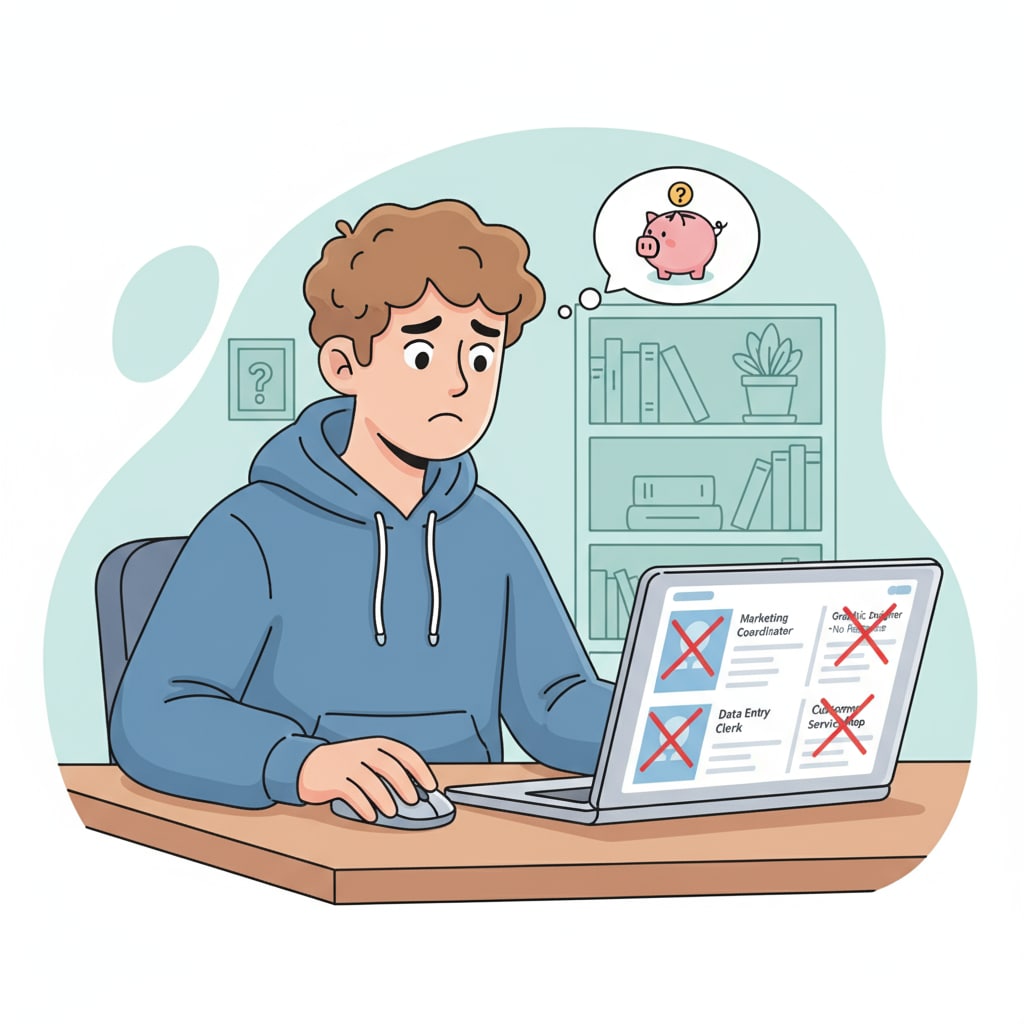 A young individual is sitting in front of a laptop, looking concerned as they scroll through job listings. The screen shows various job openings with some crossed out, indicating the challenges in finding suitable employment. A person worried about finding a job related to their dream career in the face of employment concerns during career planning