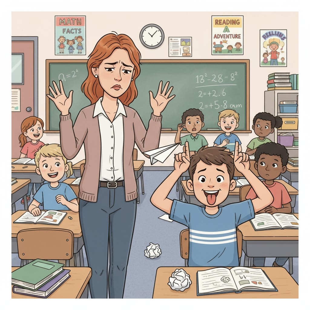 A teacher is looking frustrated as a student in the classroom is misbehaving, highlighting the challenges teachers face with problem students. A frustrated teacher dealing with a problem student in the classroom