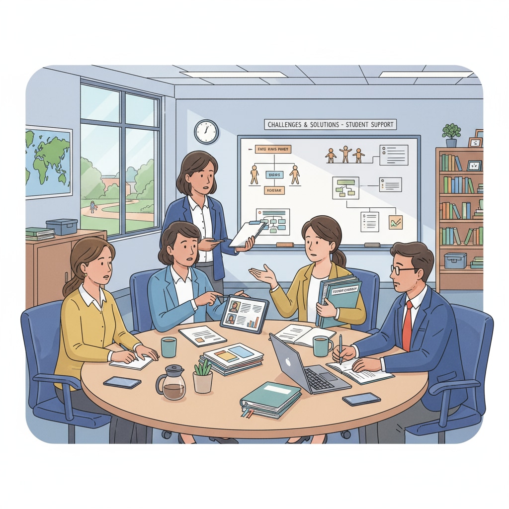 A group of teachers are having a serious discussion, presumably about problem students, showing the collaborative efforts teachers often make. Teachers discussing problem students