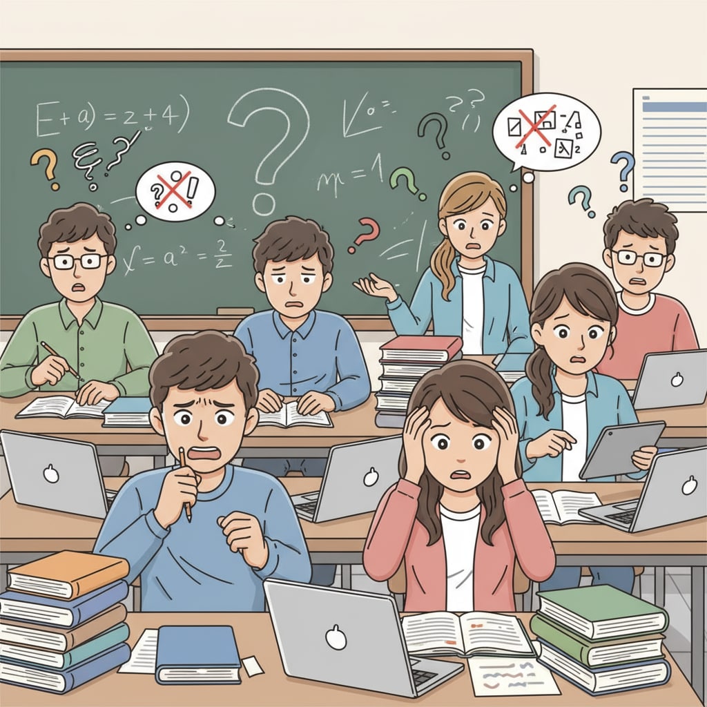 A classroom scene where students are looking worried and uncertain while studying, indicating self-doubt. Students in a classroom experiencing self-doubt during study related to intellectual disabilities and learning difficulties