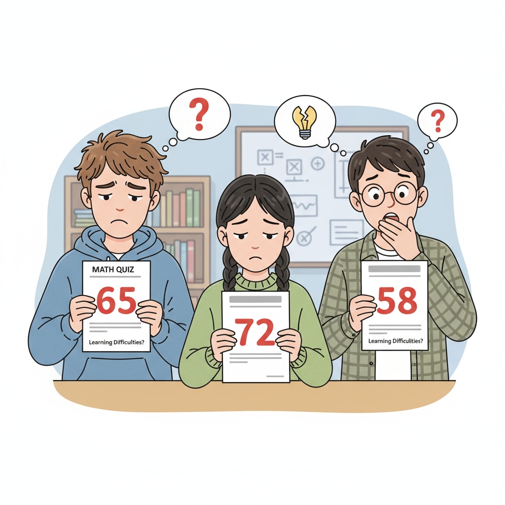 Students comparing their test scores with disappointed expressions, showing signs of self-doubt due to learning difficulties. Students showing self-doubt while comparing test scores related to intellectual disabilities and learning challenges