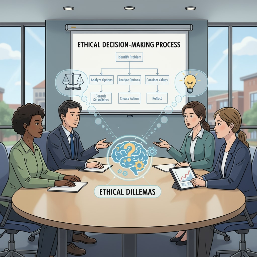 An image showing educational leaders in a discussion, representing the process of making decisions in the face of ethical dilemmas Educational leaders discussing ethical dilemmas and making leadership decisions in educational management