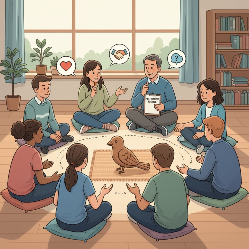 A group of students and teachers are sitting in a circle, engaged in a discussion related to restorative justice. They are having an open and respectful conversation. Students and teachers participating in a restorative justice circle discussion in a school setting
