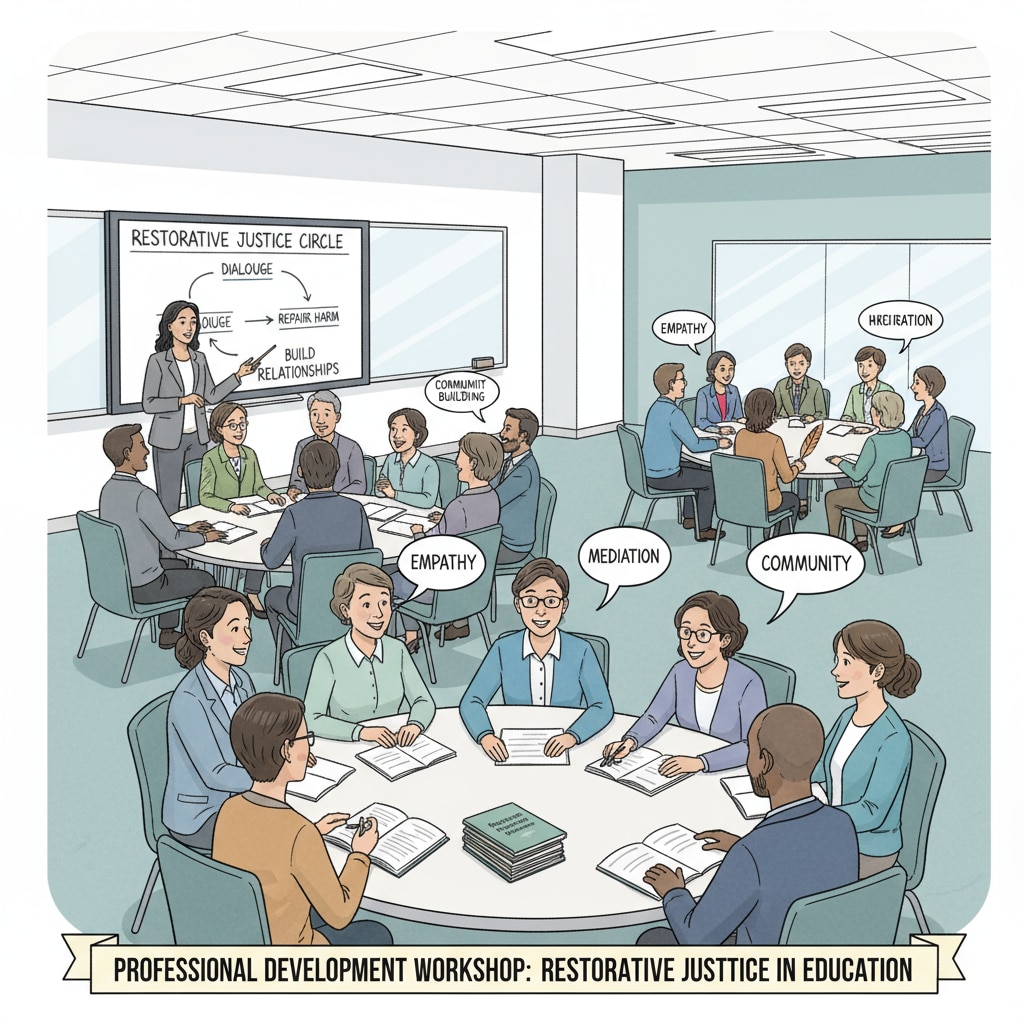 Teachers are attending a workshop where they are learning about restorative justice practices. There are presentations and group discussions happening. Teachers receiving training on restorative justice in an educational workshop