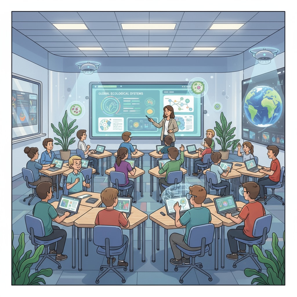 A classroom scene with modern teaching equipment, students actively participating in discussions. This represents the new teaching environment in the digital age. Modern classroom scene related to teaching methods, postgraduate programs, and curriculum design