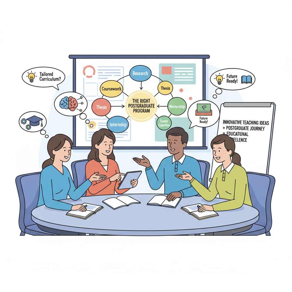 A group of educators discussing innovative teaching ideas in a seminar. It showcases the collaborative and learning aspect of finding the right postgraduate program. Educators discussing teaching ideas relevant to teaching methods, postgraduate programs, and curriculum design