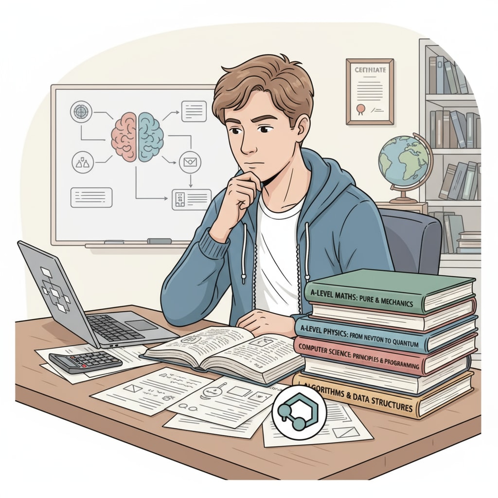 A young student sitting at a desk, looking at books related to A-levels and computer science, with a thoughtful expression A student contemplating educational choices regarding A-levels and computer science career planning