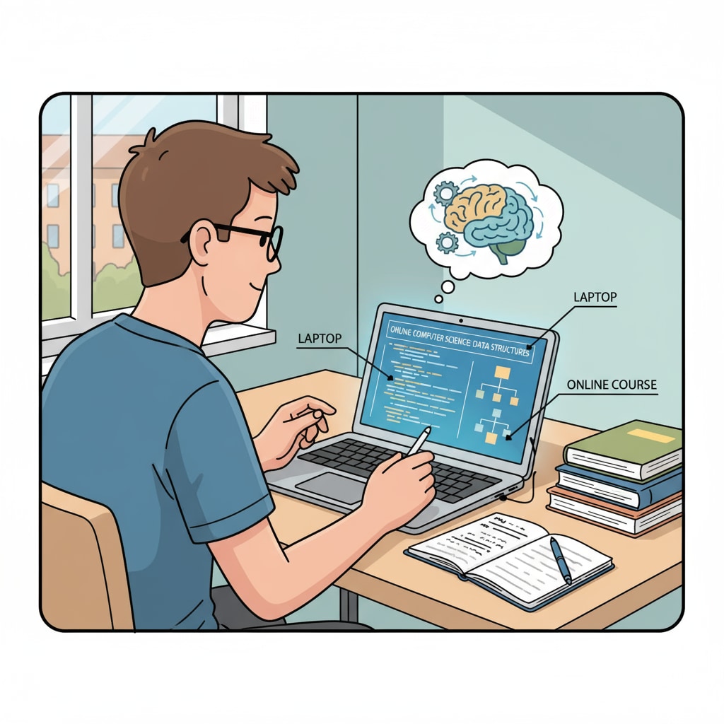 A student using a laptop to study an online computer science course A student exploring academic paths in computer science through an online course after leaving A-levels
