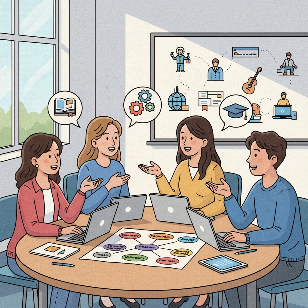 A group of teenagers are sitting around a table in a classroom, discussing different educational options available to them, looking engaged and interested. Teenagers discussing educational choices related to dropouts and GED