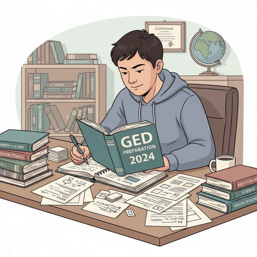 A student is sitting at a desk, surrounded by GED study books and papers, concentrating on studying for the GED test. Student studying GED materials as an educational choice after dropping out