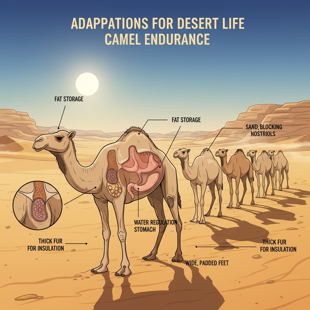 A group of camels walking in the desert, showing their ability to endure the arid conditions. Camels are well-known for their adaptations to desert life. Camels demonstrating survival adaptations in the desert as part of desert animal evolution.