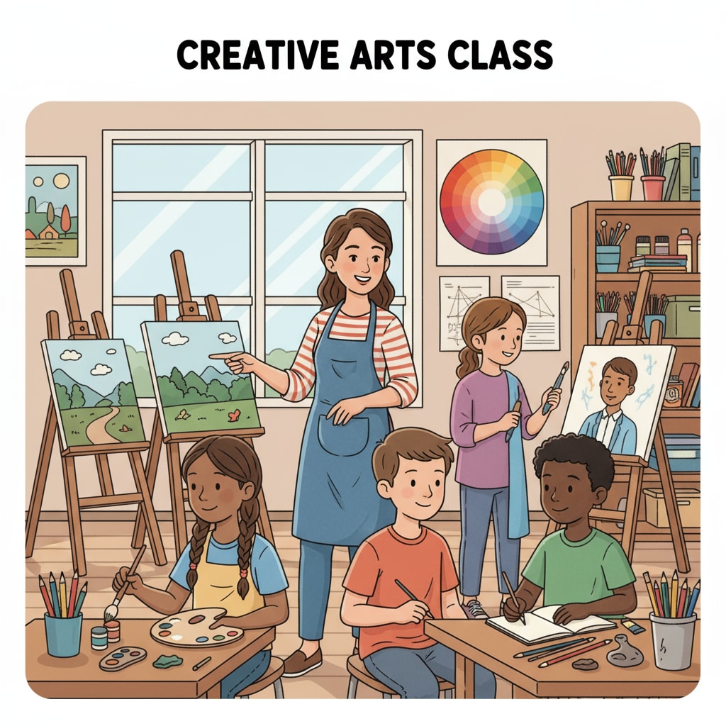 A teacher is engaging with students in an art class, with art supplies and paintings visible. A K12 art teacher in the classroom, showing the start of a potential career transition journey related to teacher career transition, professional development, and ABA therapy
