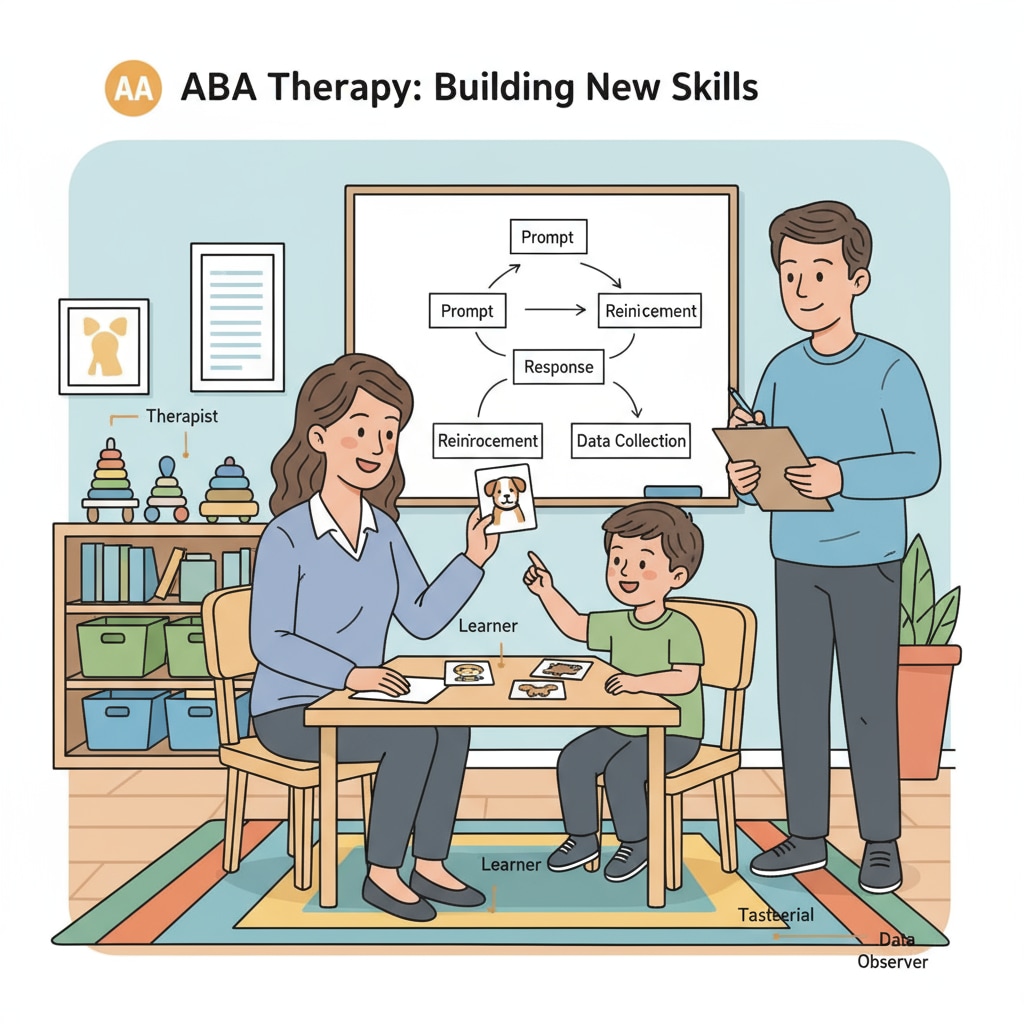 An individual is conducting ABA therapy with a child, demonstrating the interaction in the new career path. A person working as an ABA therapist, highlighting the career transition from teaching to ABA therapy within the context of teacher career transition, professional development, and ABA therapy