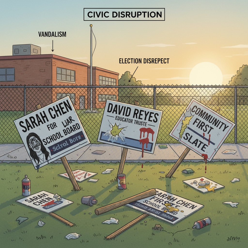 A photo showing vandalized campaign signs in a school board election, with broken signs lying on the ground. Vandalized campaign signs in a school board election, highlighting the lack of electoral civility and candidate behavior issues.