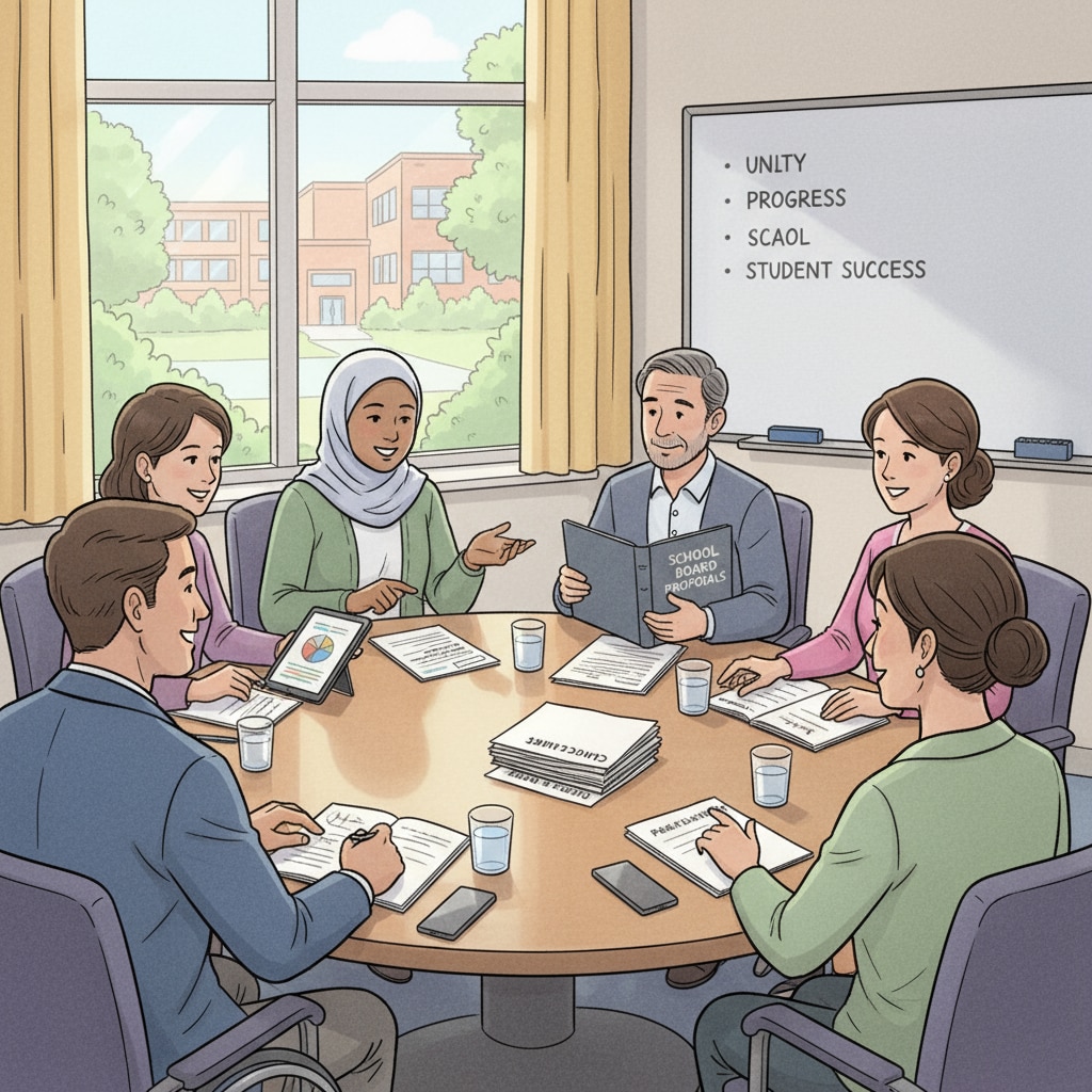 A group of people sitting around a table, discussing school board election issues in a civil and respectful manner, with smiles on their faces. People engaging in a civil discussion about school board election issues, emphasizing the importance of electoral civility.