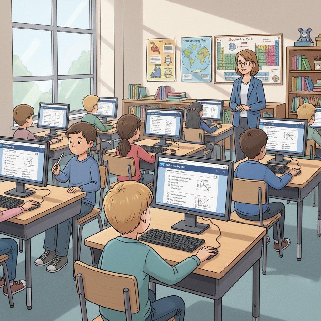 A classroom scene where students are sitting at their desks, focused on taking the STAR test on their computers. Students taking the STAR test for academic assessment