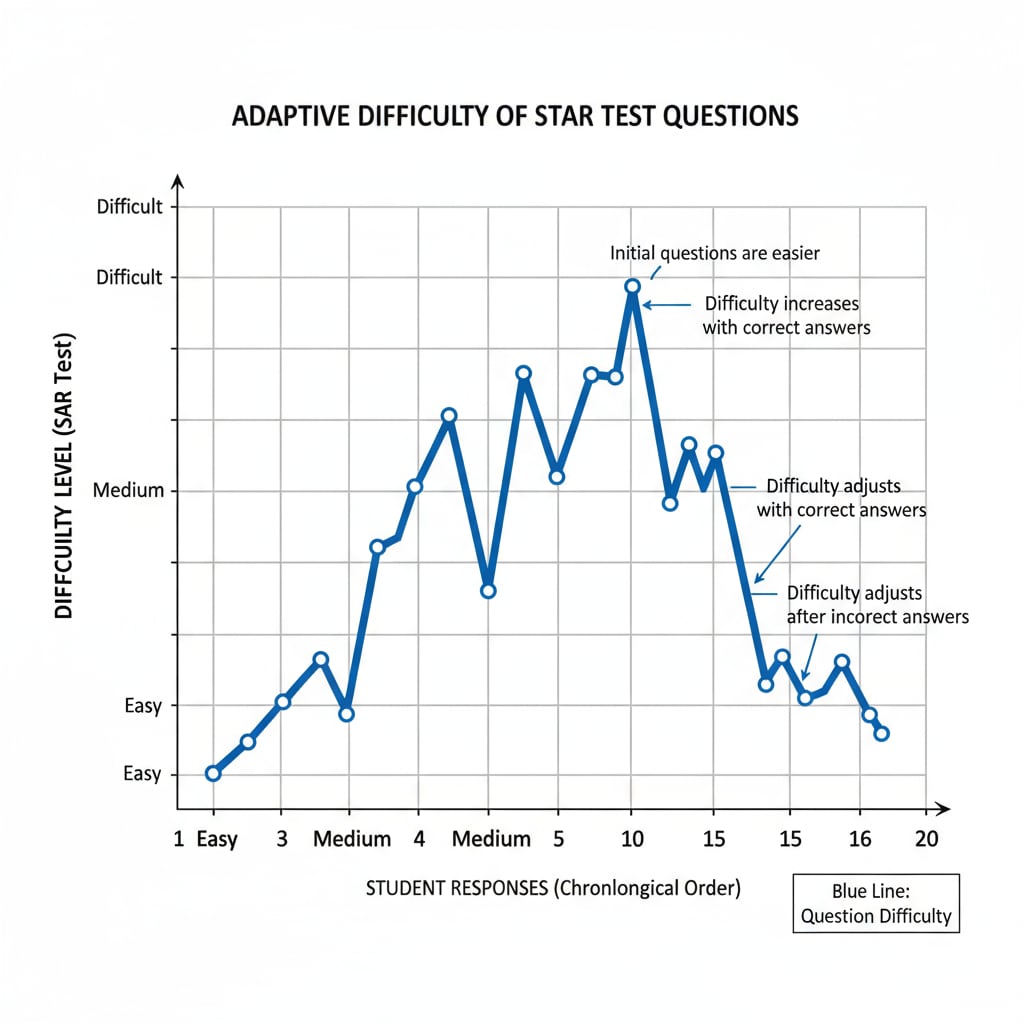 A graph with a line showing how the difficulty level of STAR test questions changes based on student responses. Adaptive nature of STAR test questions for academic assessment