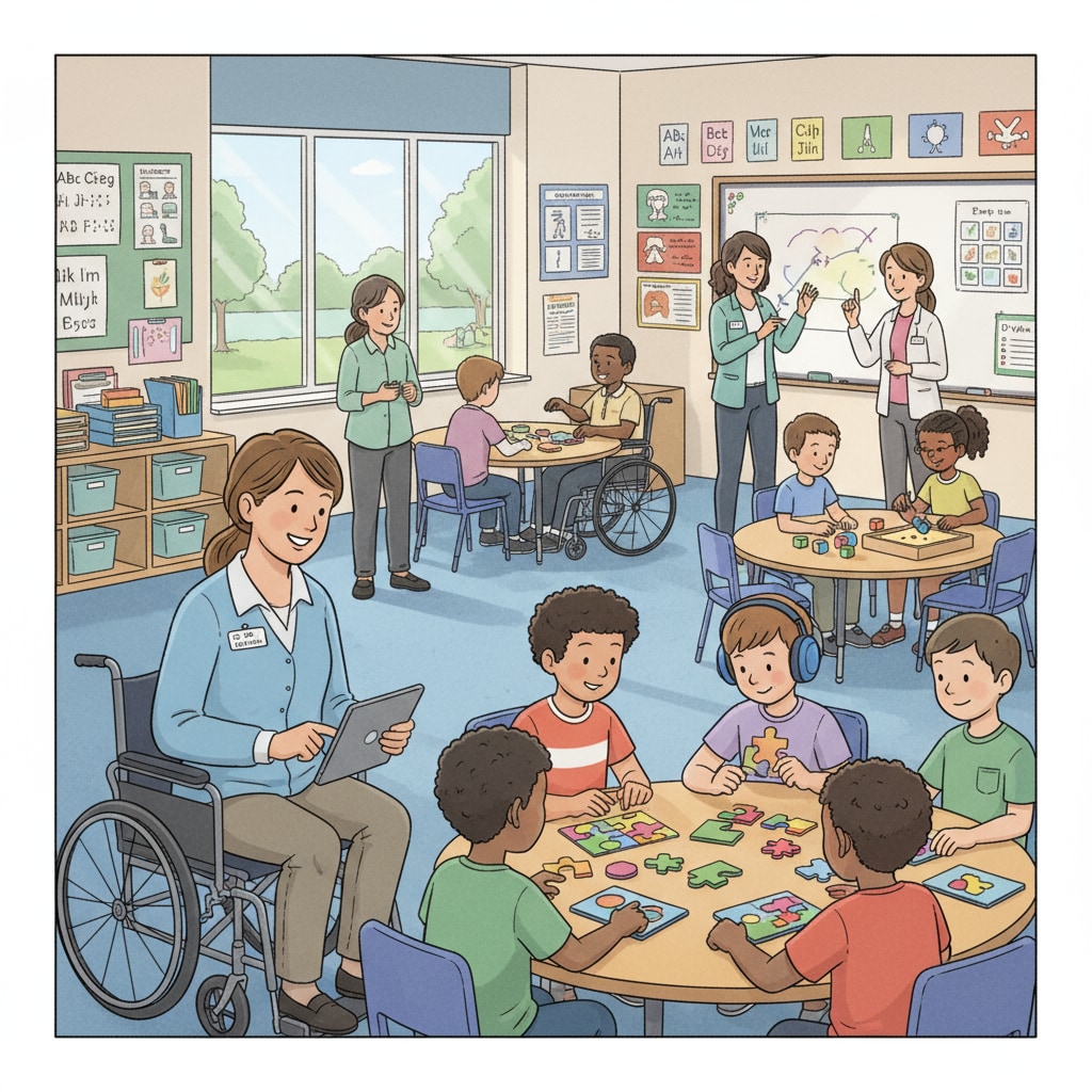 A classroom scene where special education teachers are guiding disabled students in learning activities. Disabled students in a special education classroom under the guidance of teachers during the crisis of OSERS due to government shutdown.