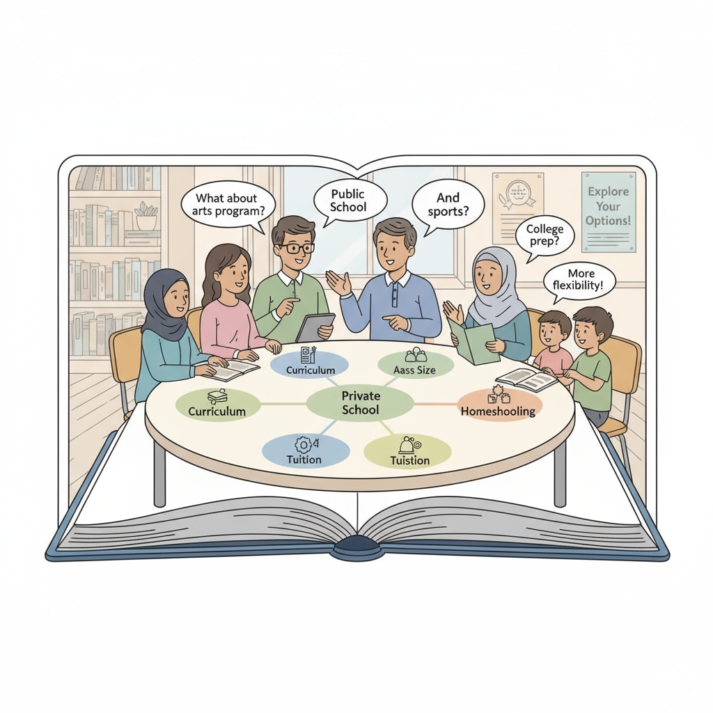 An illustration of students and parents engaged in a conversation about different school choices available to them. Students and parents discussing school choice options related to school choice, political controversy, and education policy