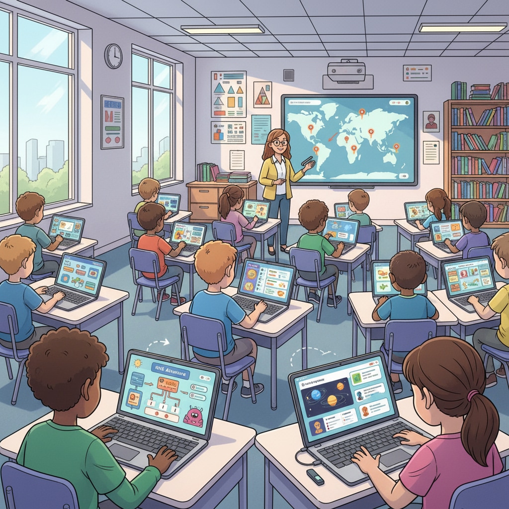 Students are sitting in a classroom, using tablets and laptops. The devices are showing various apps and websites that are designed to attract their attention. Students in a classroom being exposed to attention - grabbing tech products in the context of the attention economy, information deserts, and tech manipulation