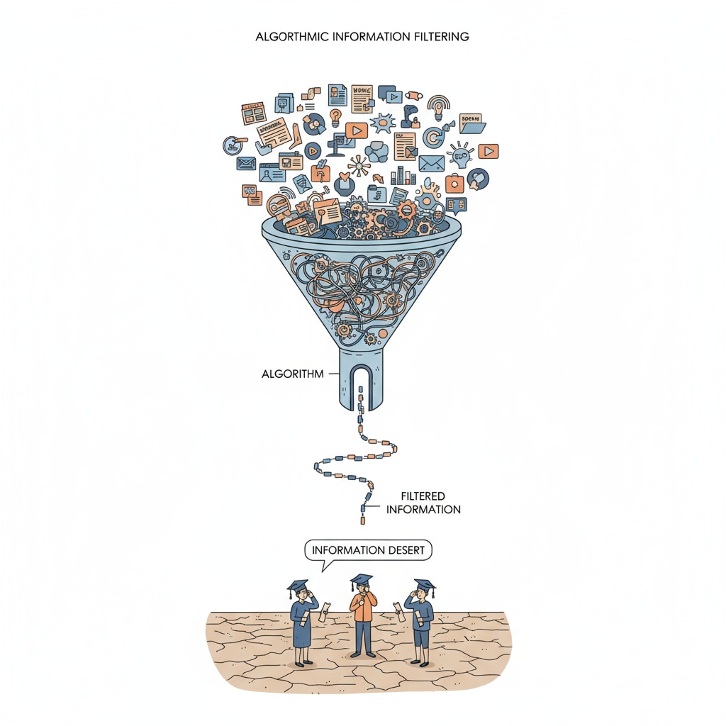 A graph showing how algorithms filter information. Only a small, limited set of information reaches the students, creating an information desert. Graphical illustration of how tech manipulation leads to information deserts in the context of the attention economy, information deserts, and tech manipulation