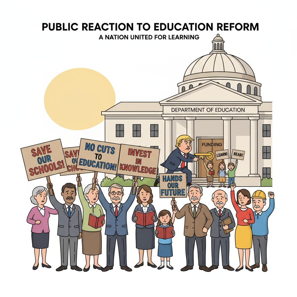 A group of educators holding signs and protesting against the potential closure of the Department of Education, showing the public's reaction to the Trump administration's reform. Educators protesting against the Trump administration's education reform regarding the Department of Education.