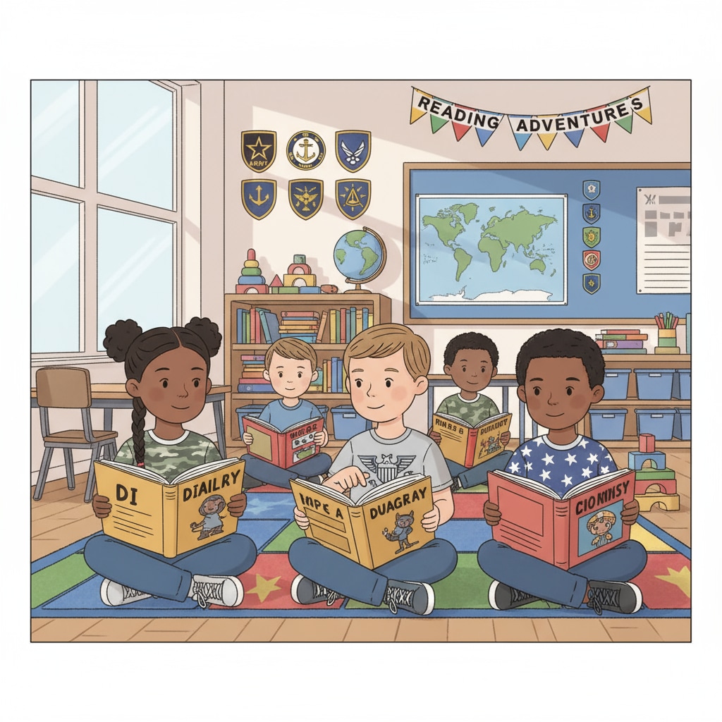 A group of military children reading books together in a classroom, which shows the positive educational atmosphere after the restoration of relevant content. Military children enjoying diverse educational content protected by the First Amendment in the Department of Defense Education Activity