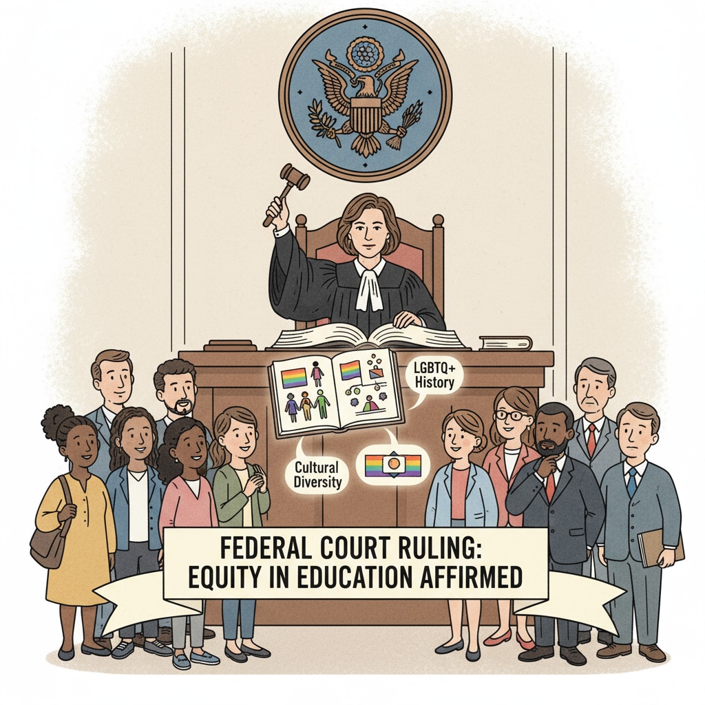 A judge in a courtroom making a ruling, representing the authority and significance of the federal judge's decision regarding LGBTQ+ and diversity education content. Federal judge's ruling in defense of First Amendment rights for military children in the Department of Defense Education Activity