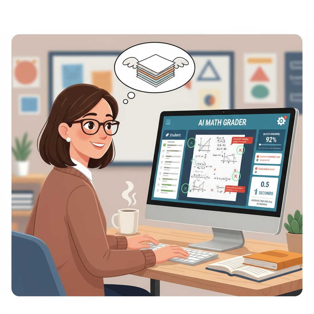 A teacher is sitting at a desk with an AI math grading tool on the computer screen, looking a bit relieved as it grades math assignments. A teacher using an AI math grading tool to reduce work burden and save time.