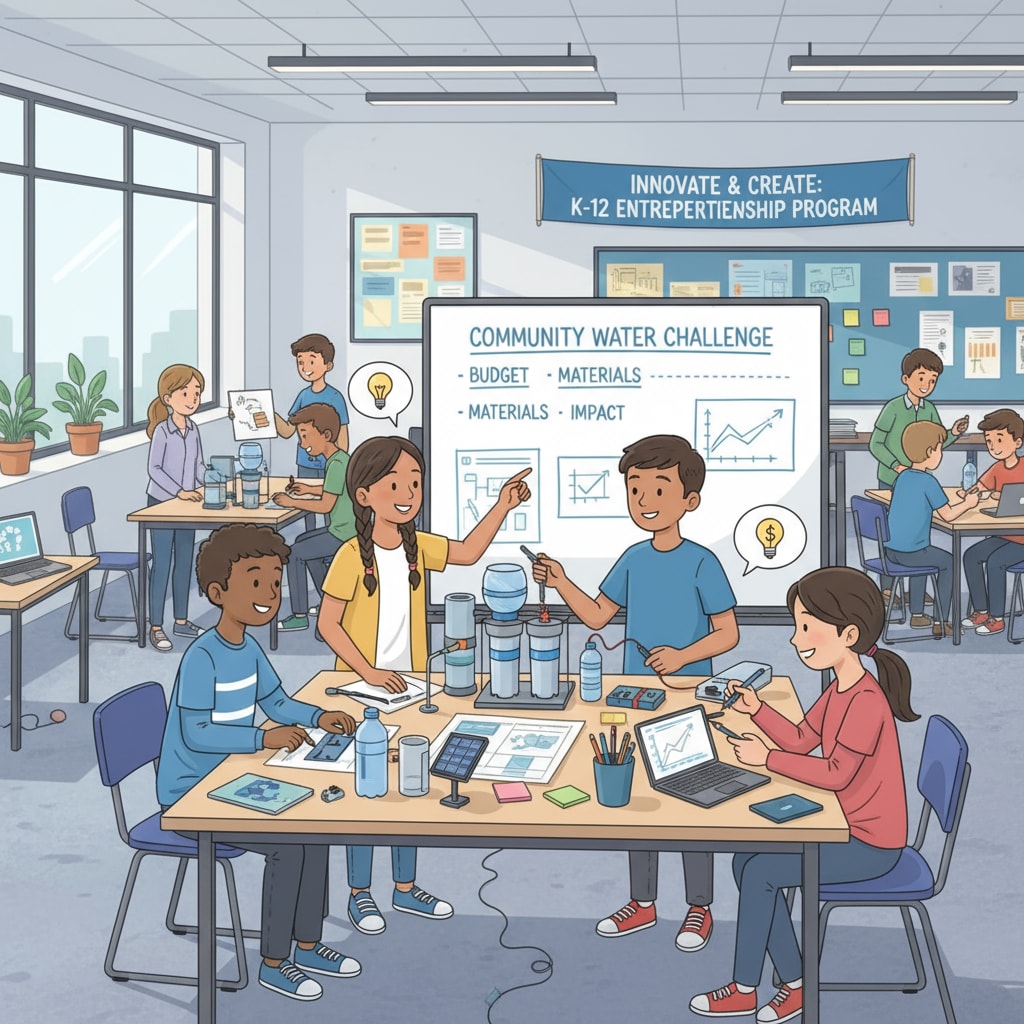Students are actively participating in a hands-on project to solve a real-world problem, which is an important part of entrepreneurial education in K-12 curriculum. K-12 students engaged in practical learning for entrepreneurial education