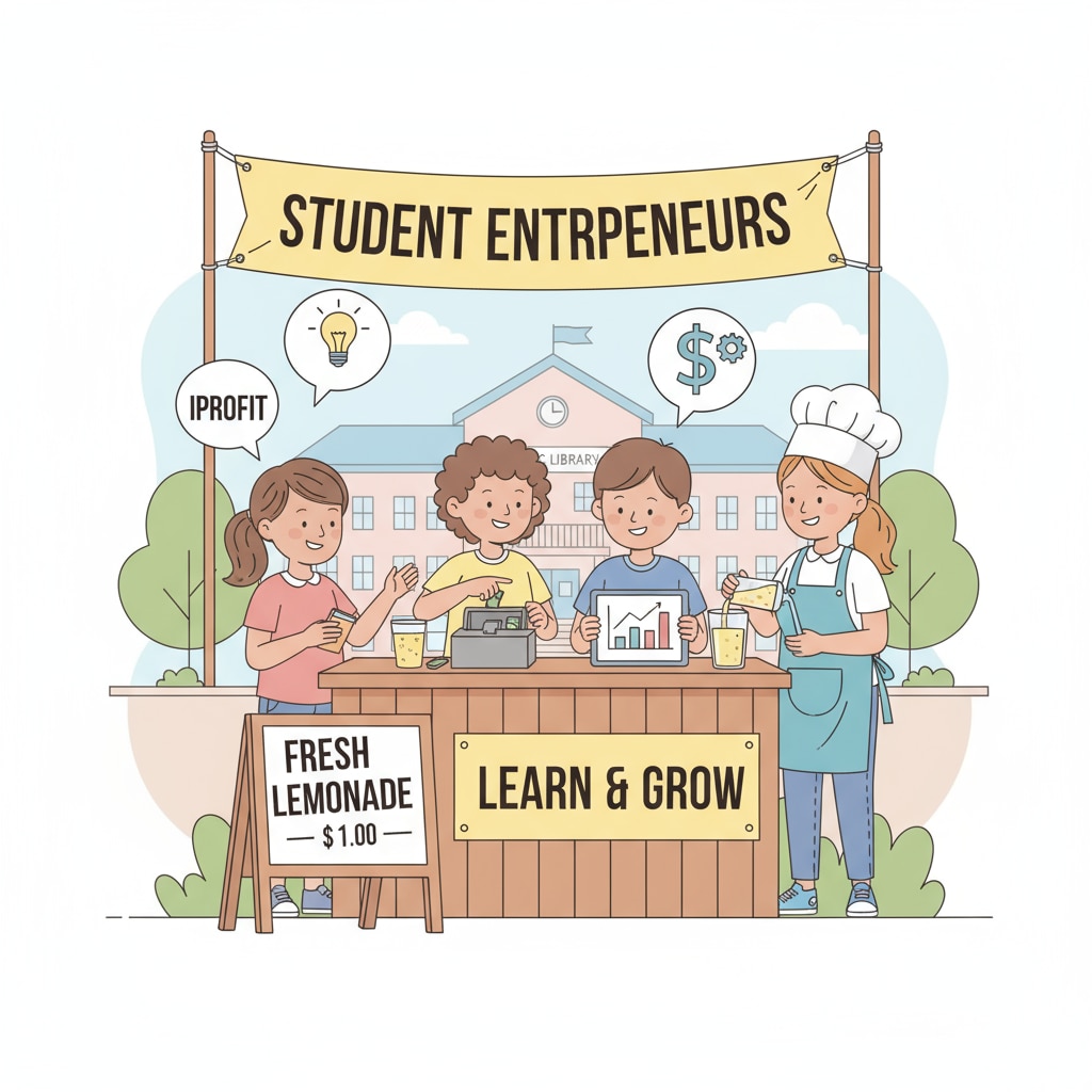 A group of K-12 students are managing a small business, demonstrating practical learning in entrepreneurial education. K-12 students involved in practical entrepreneurial learning through running a small business