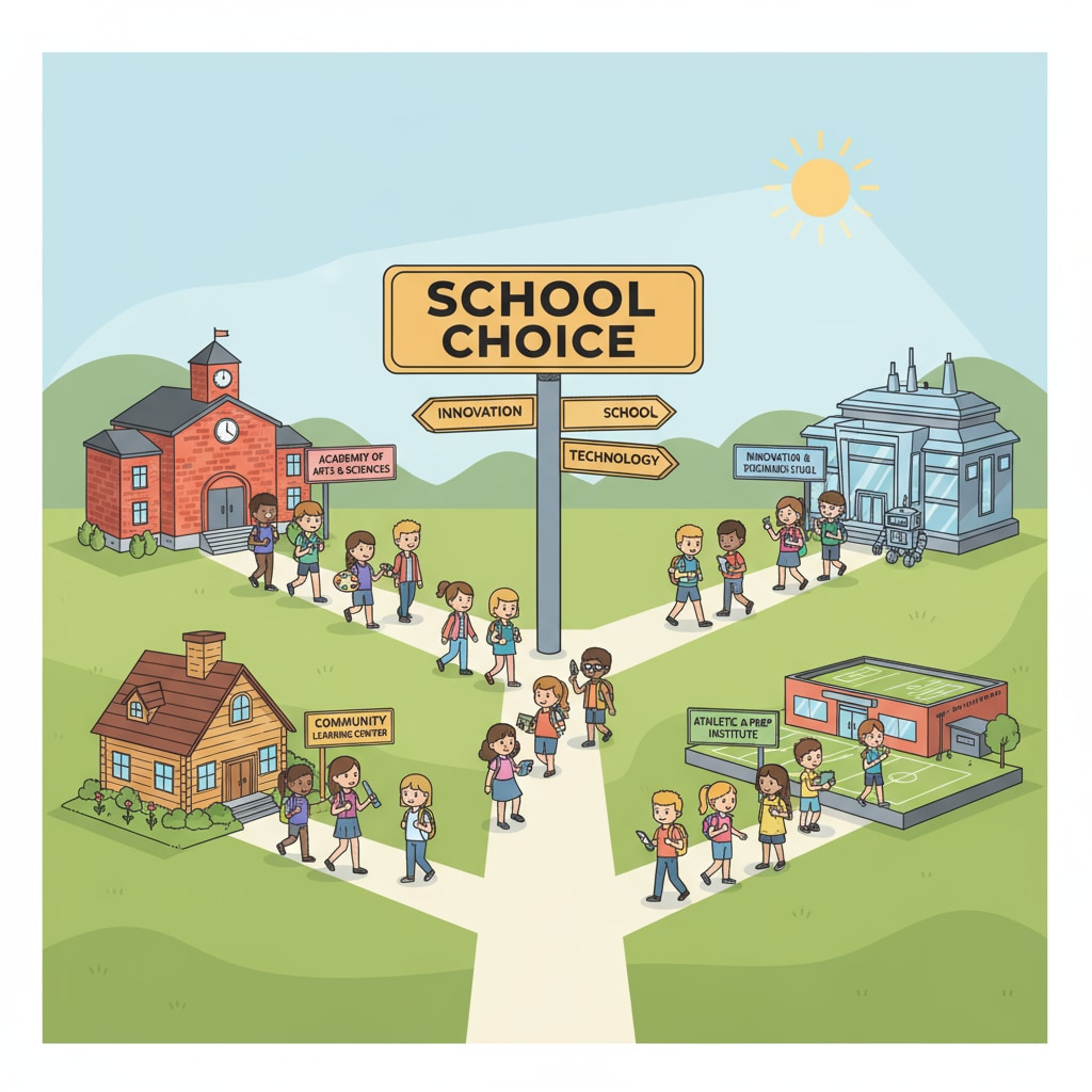 A group of students walking into different schools, representing the concept of school choice Students walking into different schools as an illustration of school choice from a conservative education policy perspective
