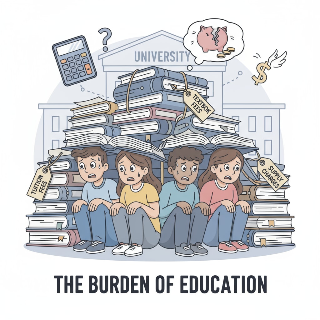 A group of students looking worried while holding textbooks, representing the burden of student fees Students facing the burden of student fees