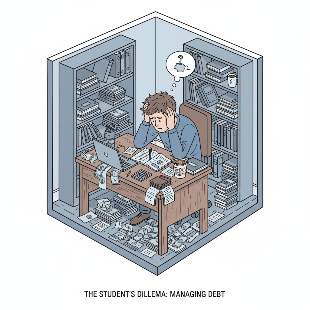 A student sitting at a desk with a worried expression, surrounded by bills and school supplies, highlighting financial hardships A student experiencing financial hardships