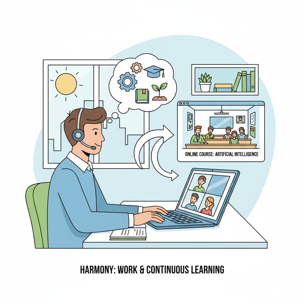 A professional is depicted working on a laptop while participating in an online class, demonstrating the harmony between work and part-time learning. A professional balancing work and part-time learning through an online class