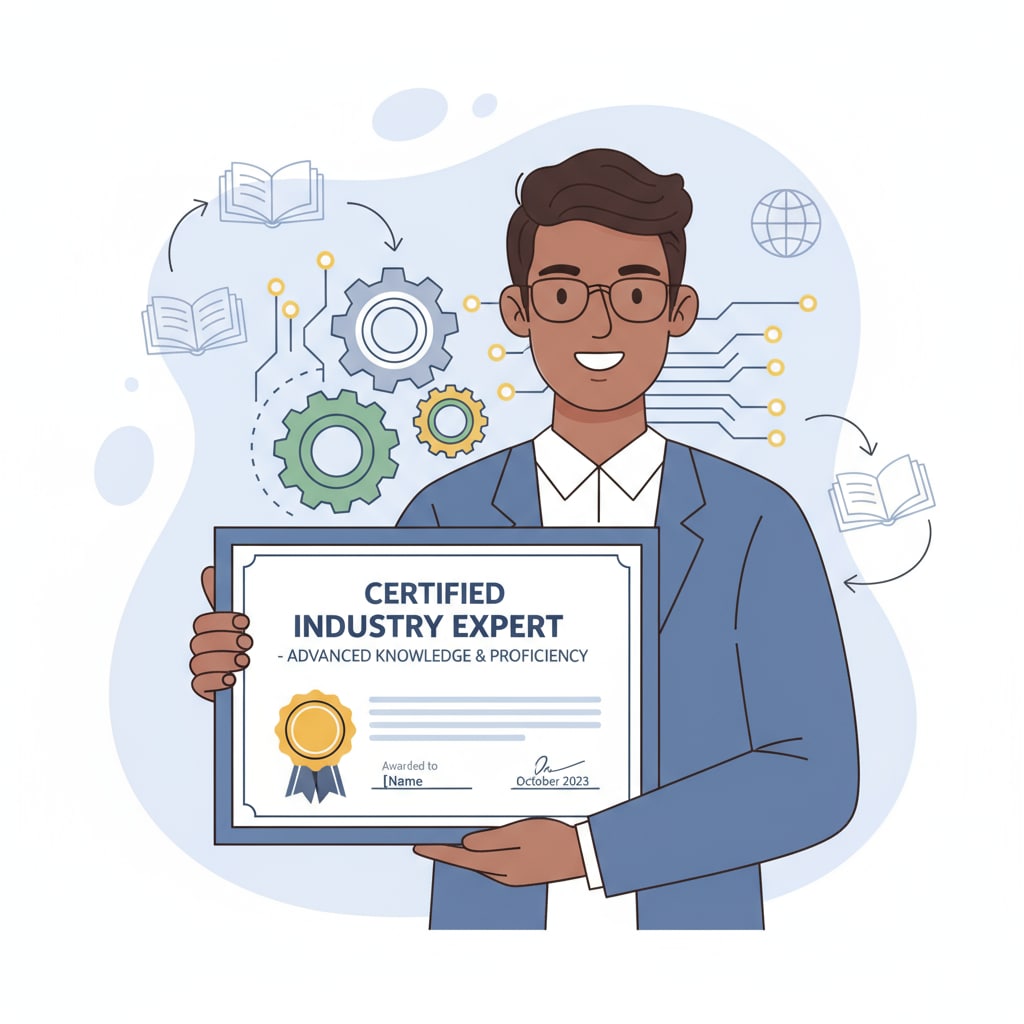 An individual is shown proudly presenting their industry certification, signifying their enhanced expertise and knowledge. A person showing their industry certification for career growth