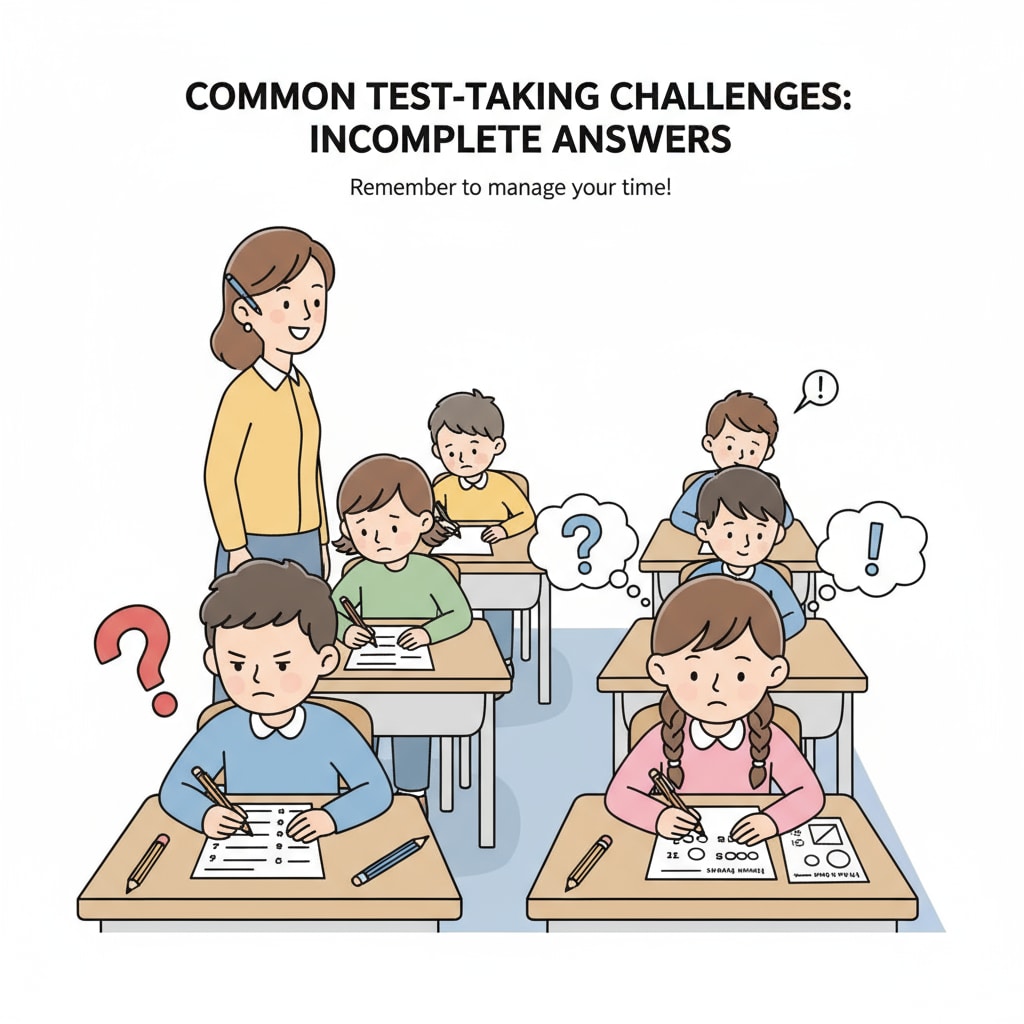 A classroom scene where students are taking a test, and some have left questions unanswered, highlighting the issue of incomplete test-taking. Students taking a test with incomplete answers, related to datasets, test scores, and outliers