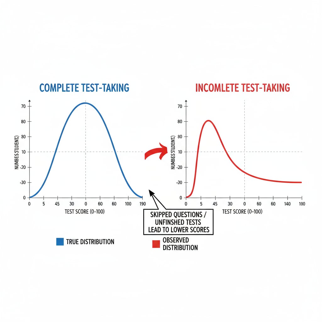 A graphical representation of how incomplete test-taking distorts the test score distribution in a dataset. Graph showing distorted test score distribution due to incomplete test-taking, relevant to datasets, test scores, and outliers