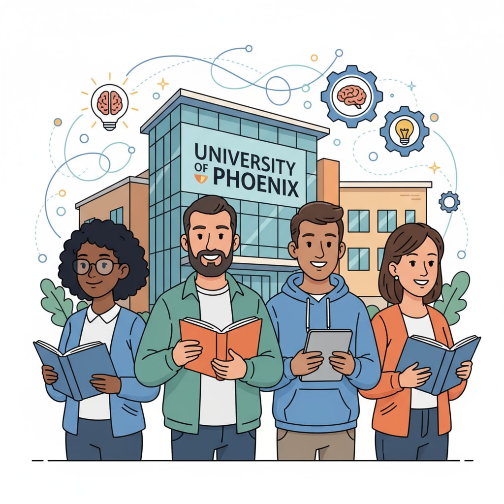 A group of students smiling while holding books, symbolizing the learning experience at the University of Phoenix. Students at the University of Phoenix enjoying the learning process of the free degree program for career development.