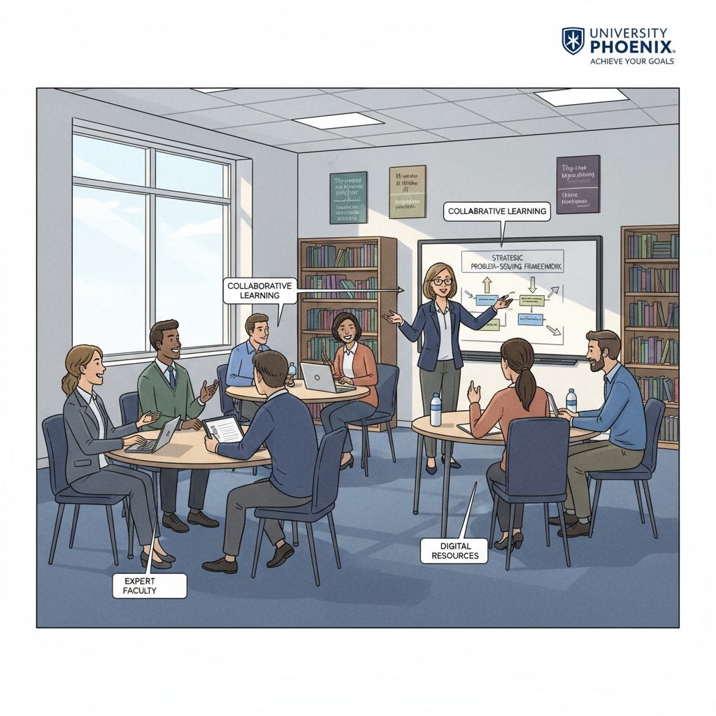 A modern classroom setting at the University of Phoenix, depicting an engaged learning environment. Classroom at the University of Phoenix where students are involved in the free degree program for career growth.