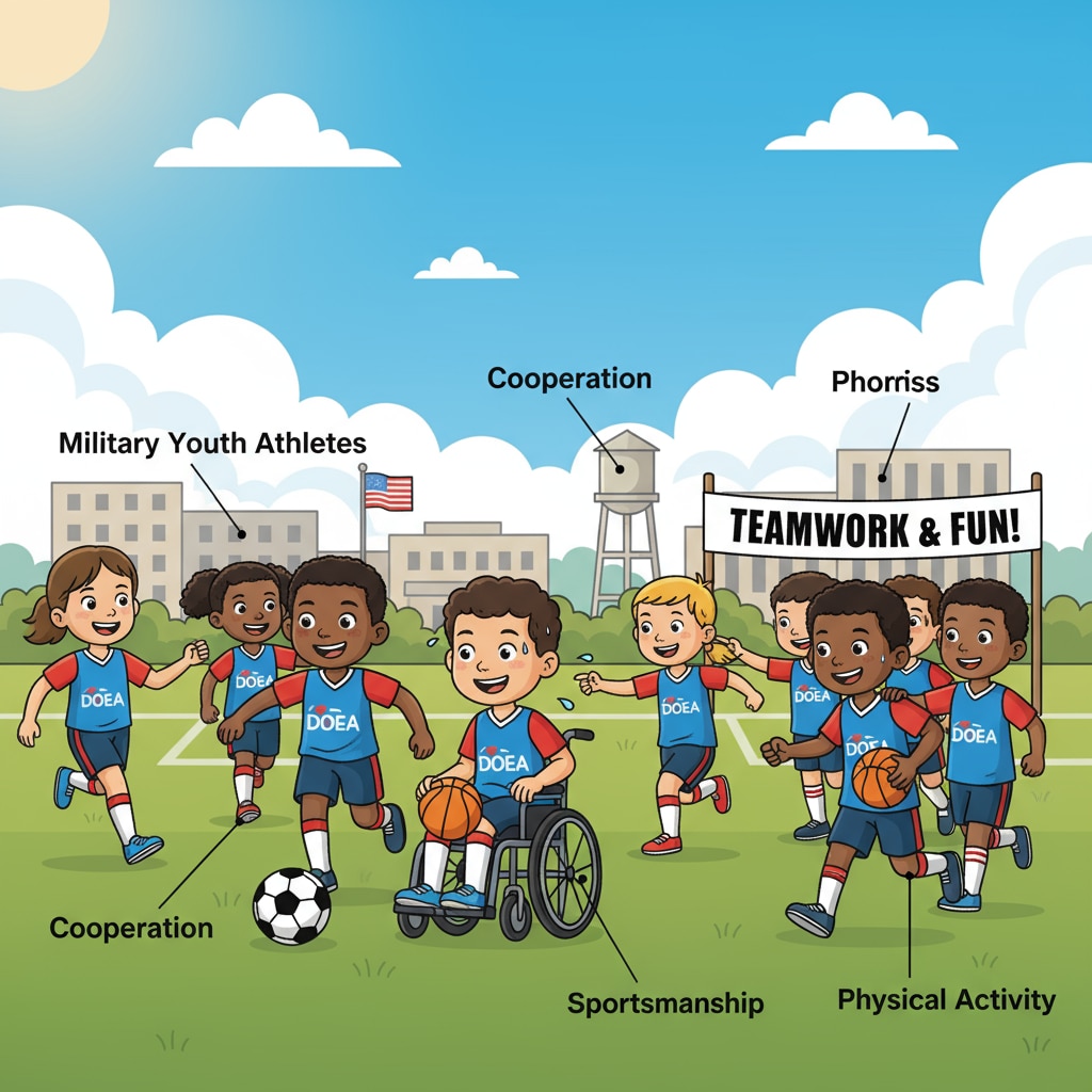 A group of military children participating in a DODEA sports event, showing enthusiasm and teamwork. Military children actively involved in DODEA sports event during normal times.