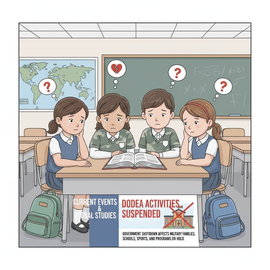 Sad faces of military children as they learn about the suspension of DODEA activities due to government shutdown. Disappointed military children upon hearing the news of DODEA activity suspension.